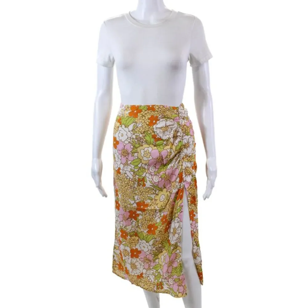Rahi Womens Ruched Floral Print Zip Up Mid-Calf Skirt Multicolor Size M
